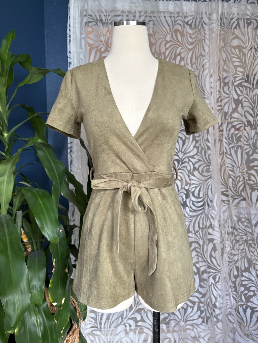 Suede Green Deep V Romper Occasion Cocktail Dinner Jumpsuit Fitted Date Night